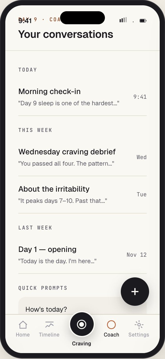 Stubbd AI coach screen — list of conversations grouped by Today / This Week / Last Week, with quick prompts.