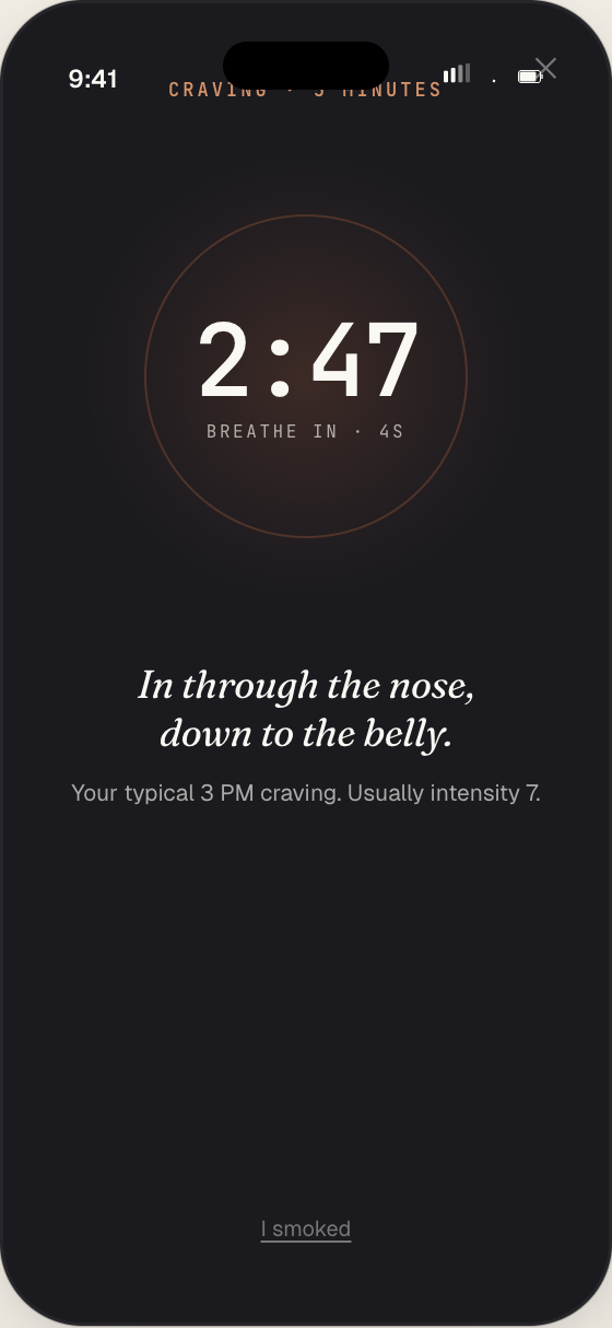 Stubbd craving-timer screen — terracotta circle on dark background, 2:47 remaining, 'In through the nose, down to the belly.'