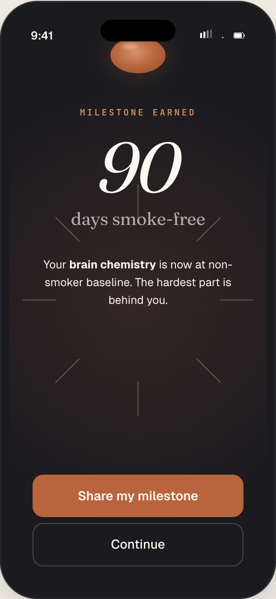 Stubbd milestone celebration — '90 days smoke-free, your brain chemistry is now at non-smoker baseline.'
