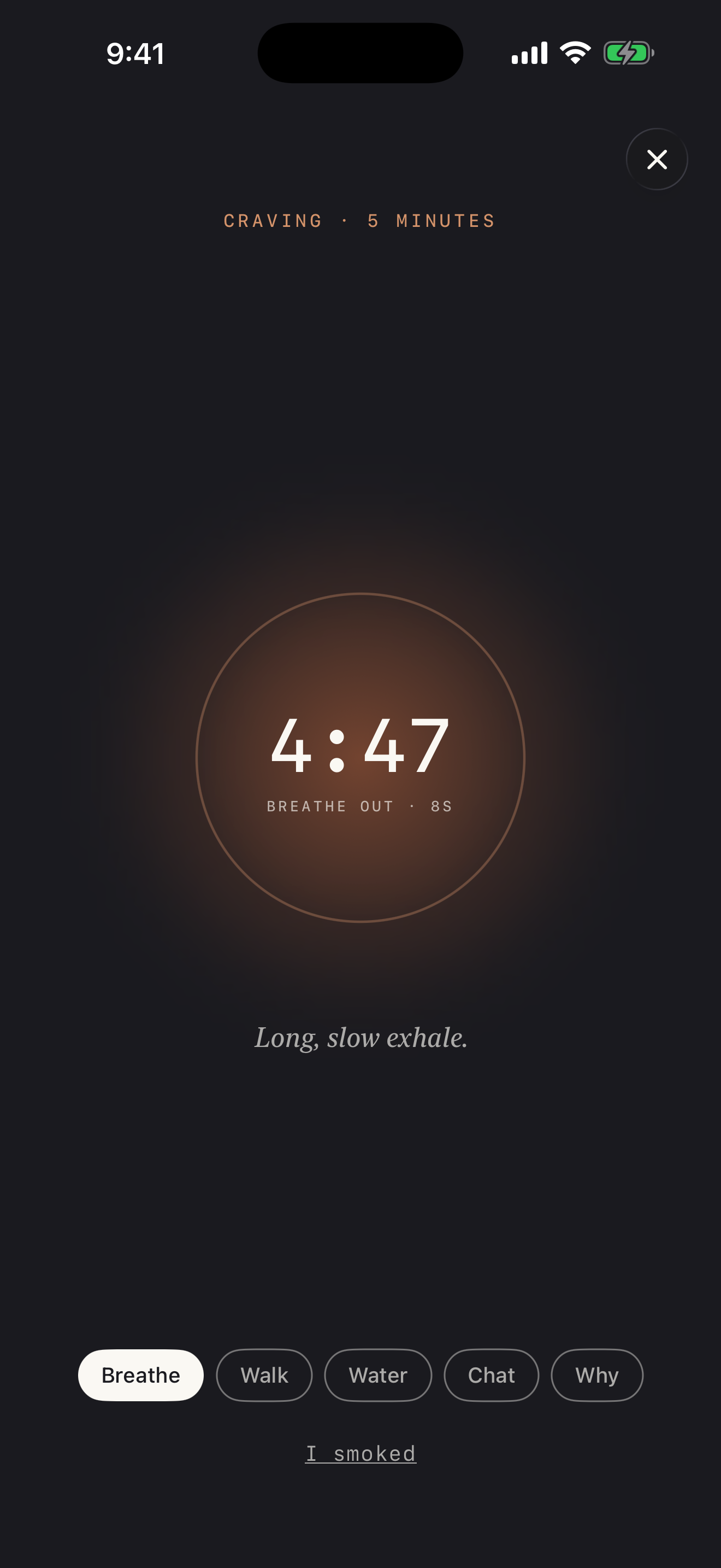 Stubbd craving-timer screen — dark background, 'CRAVING · 5 MINUTES' eyebrow, large 4:47 countdown with 'BREATHE OUT · 8S' caption, 'Long, slow exhale.' italic prompt, five strategy chips (Breathe, Walk, Water, Chat, Why), 'I smoked' link.